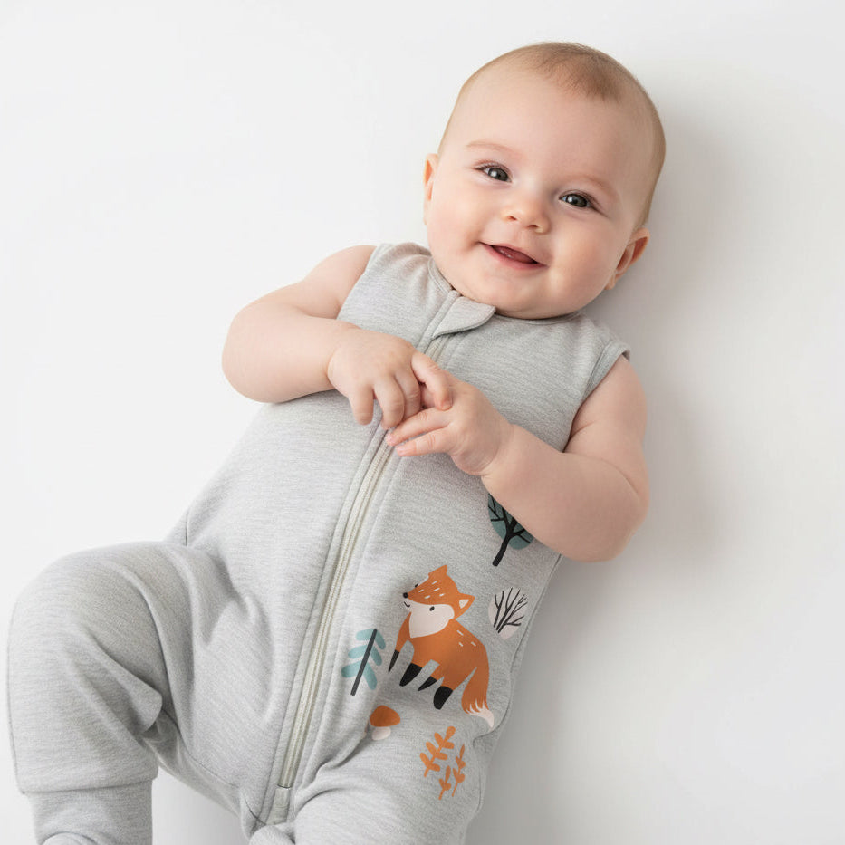 A light heather gray sleeveless baby jumpsuit with a front zipper, featuring a cute cartoon fox and forest tree graphic on the right side. The jumpsuit is displayed flat against a solid light beige background.