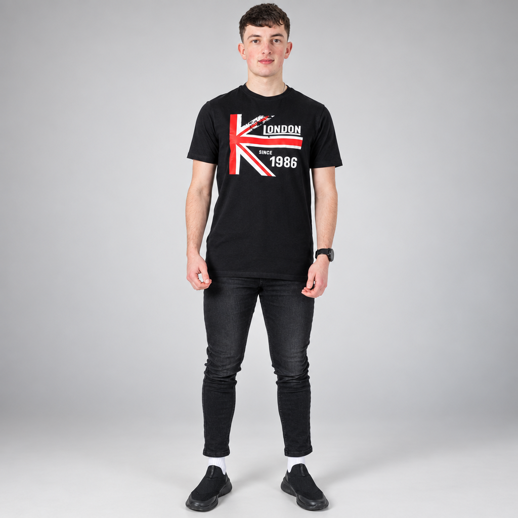 Vistuba Men's Jet Black London 1986 - Retro Vintage Design Spot Print T-Shirt - Soft Cotton Jersey Fabric