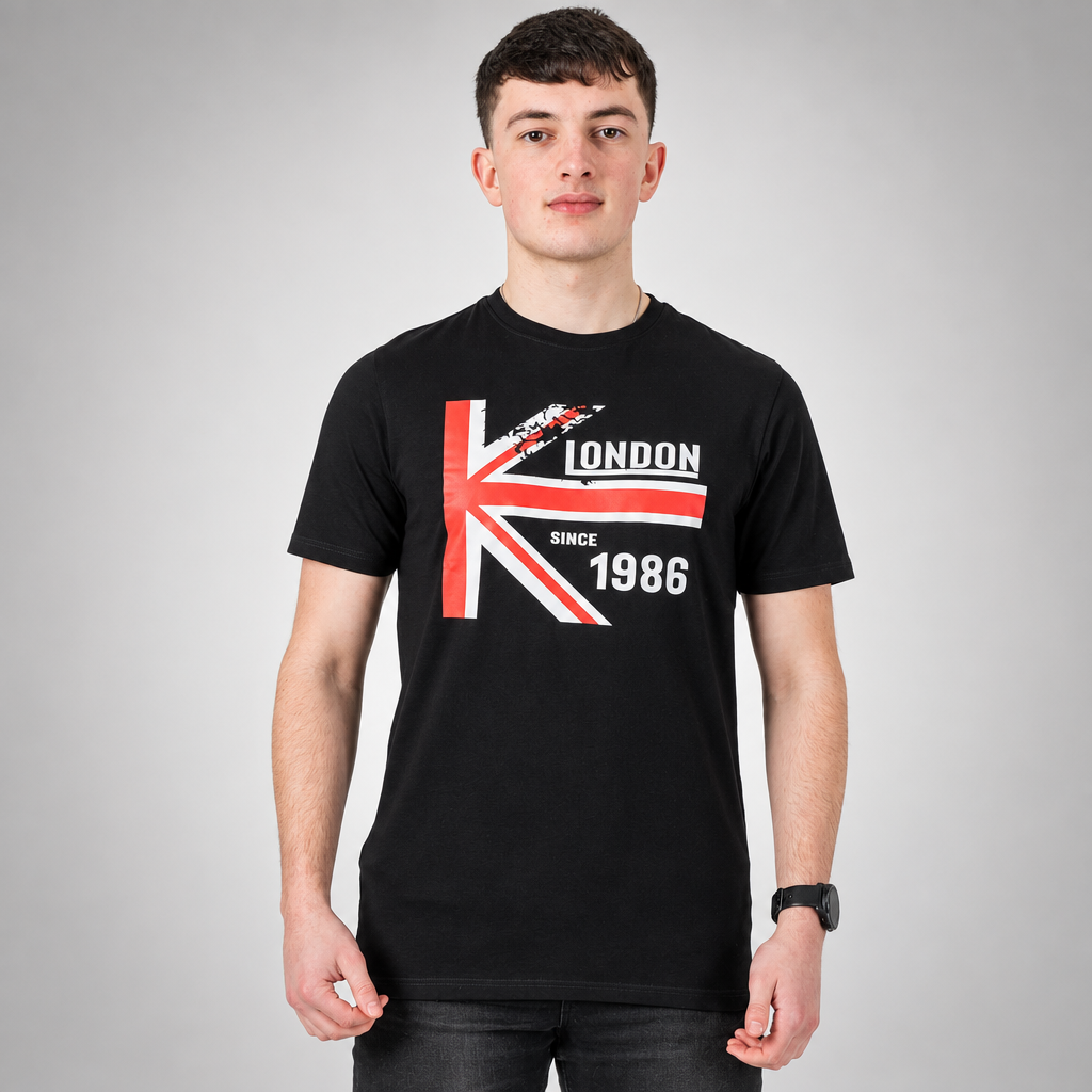 Vistuba Men's Jet Black London 1986 - Retro Vintage Design Spot Print T-Shirt - Soft Cotton Jersey Fabric