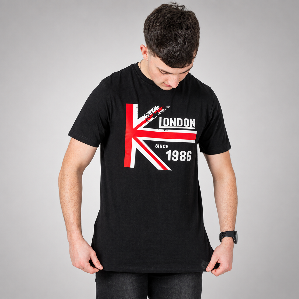 Vistuba Men's Jet Black London 1986 - Retro Vintage Design Spot Print T-Shirt - Soft Cotton Jersey Fabric