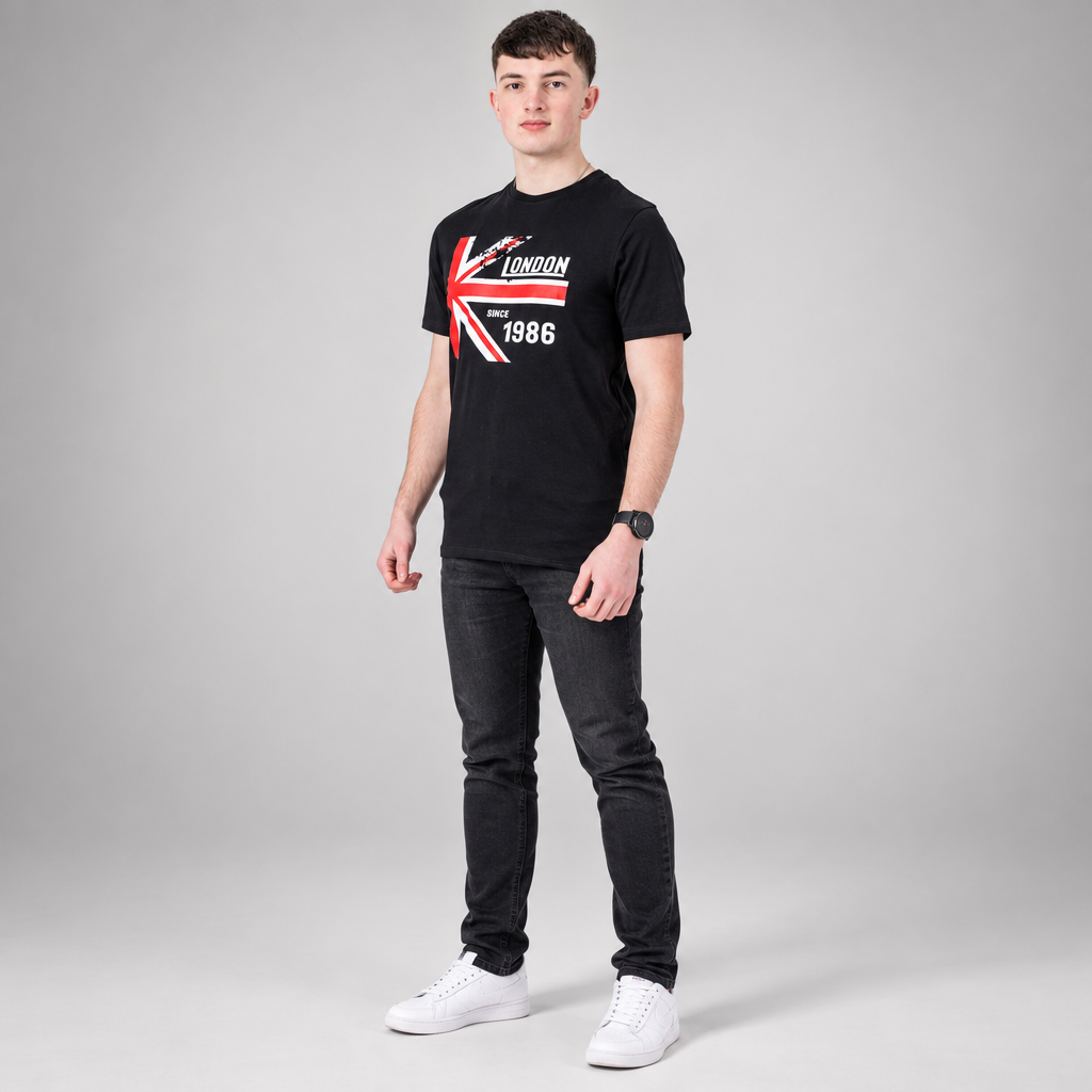 Vistuba Men's Jet Black London 1986 - Retro Vintage Design Spot Print T-Shirt - Soft Cotton Jersey Fabric