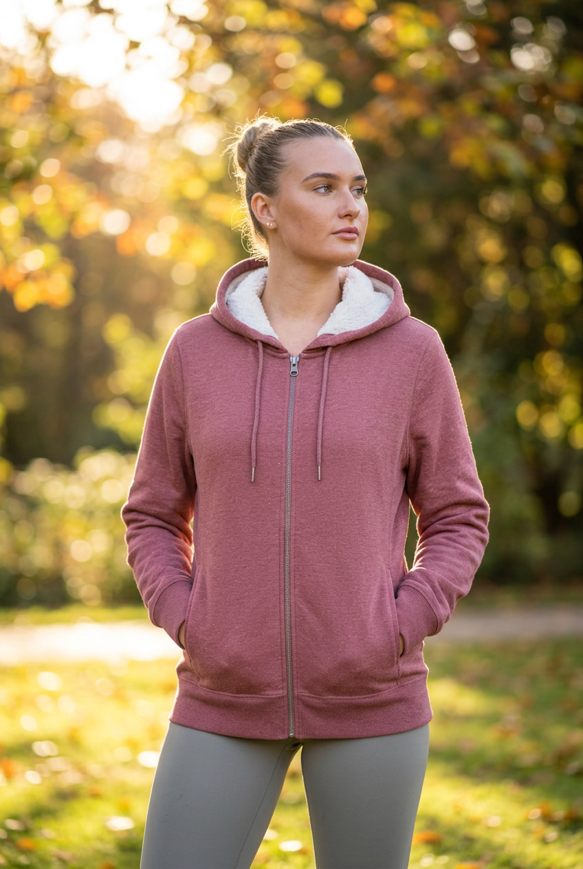 Dusty rose sherpa hoodie on model, park lifestyle