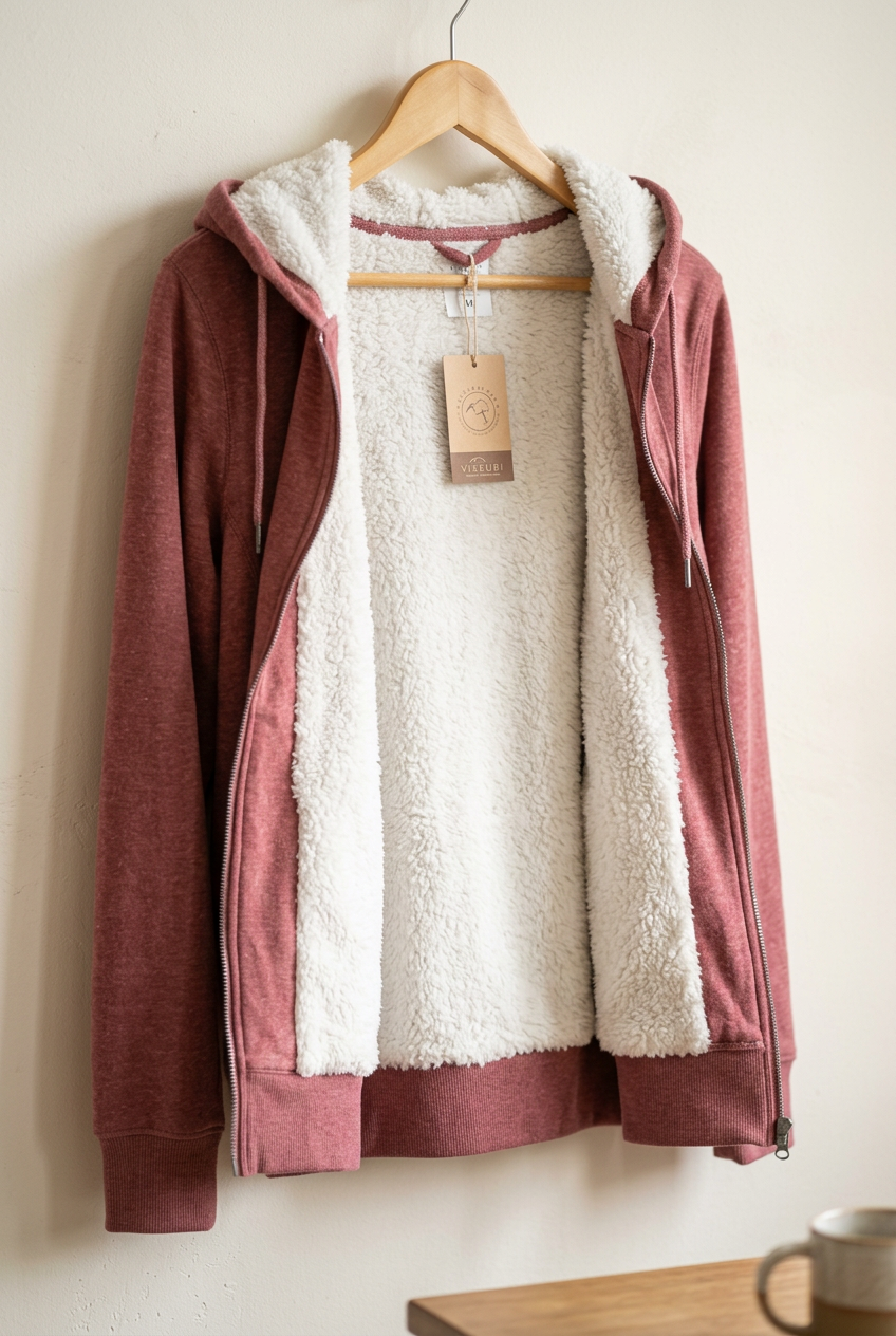 Dusty rose sherpa hoodie showing fluffy lining