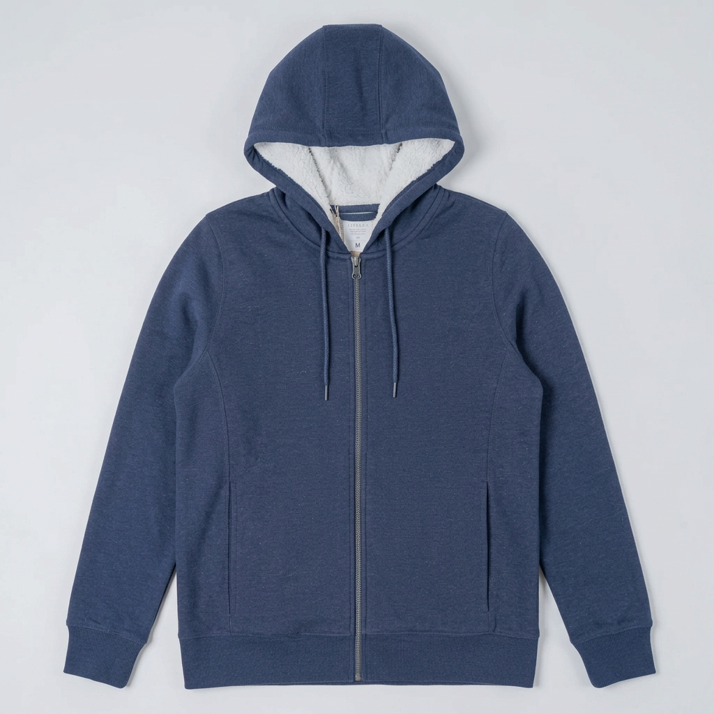 Navy sherpa hoodie flat-lay