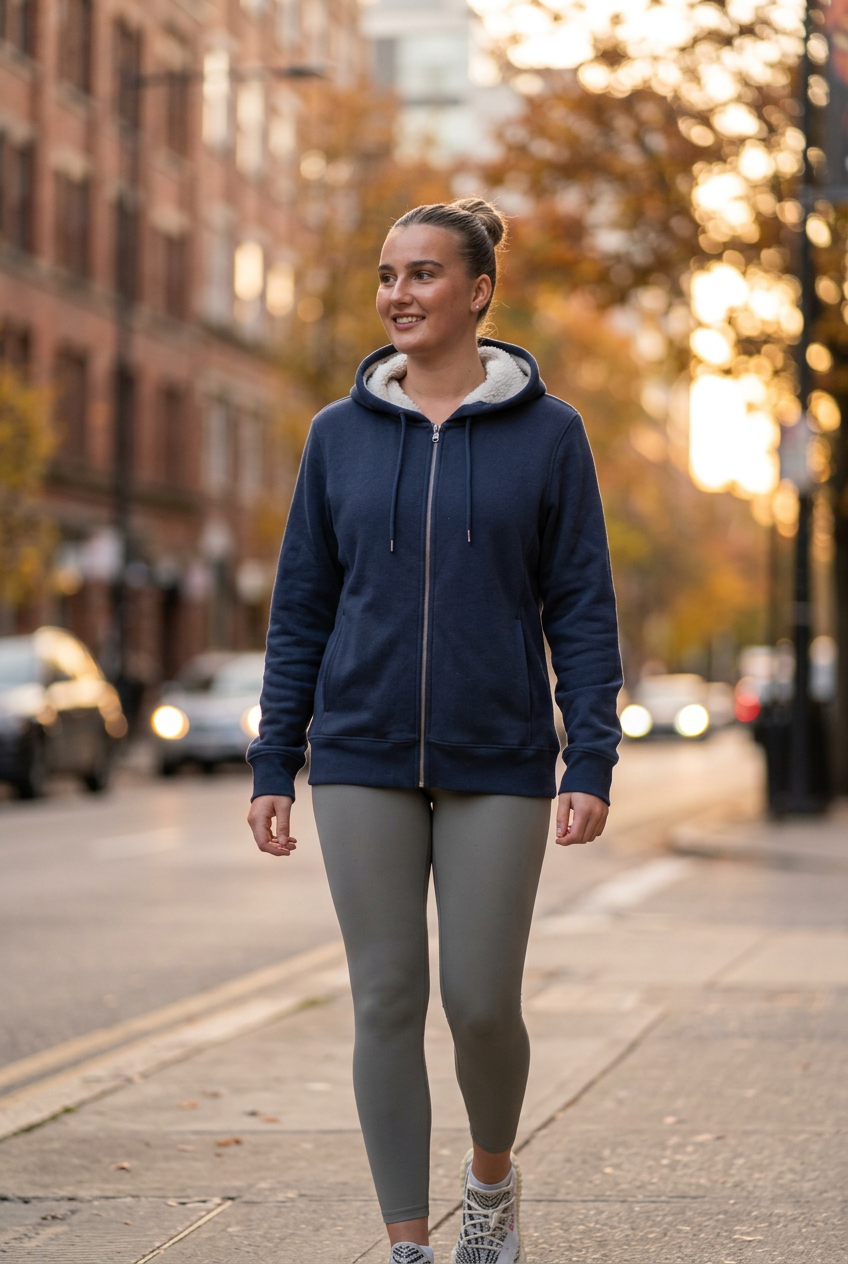 Navy sherpa hoodie on model, outdoor lifestyle