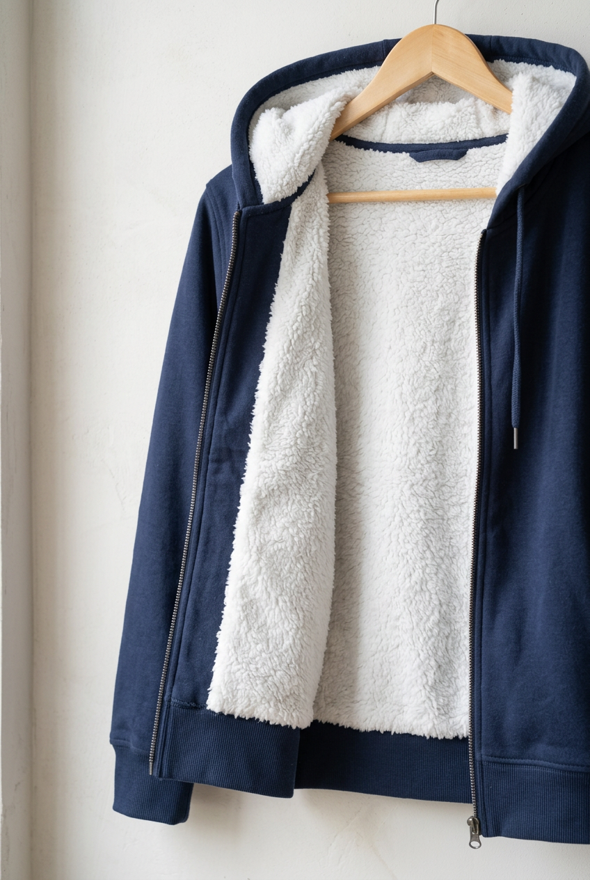 Navy sherpa hoodie showing fluffy lining