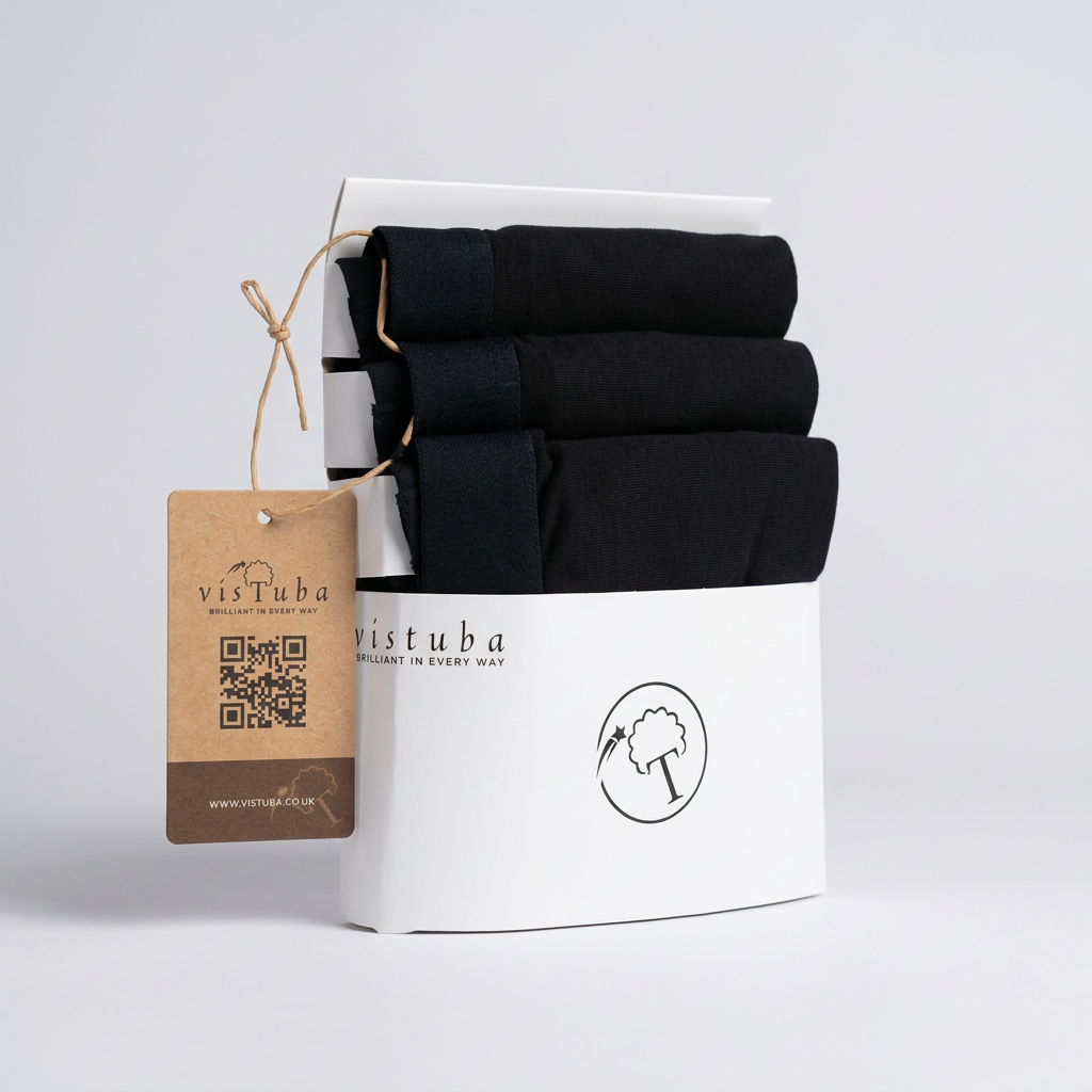 Studio pack shot of the all-black 3-pack in Vistuba packaging